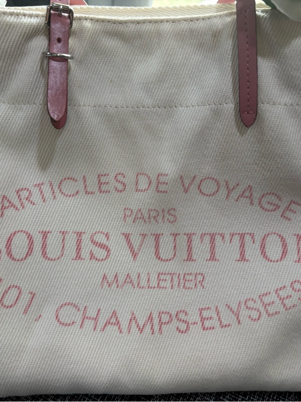 Louis Vuitton Cream Canvas Tote with Pink Handles and Logo - Picture 3 of 16